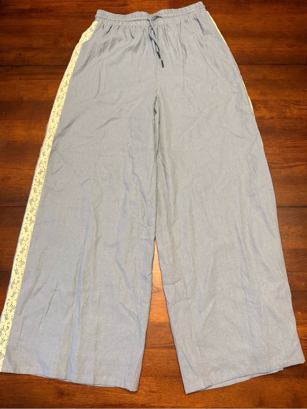 Caroline Constas Light Blue Wide-Leg Pants with Cream Lace Side Stripe
